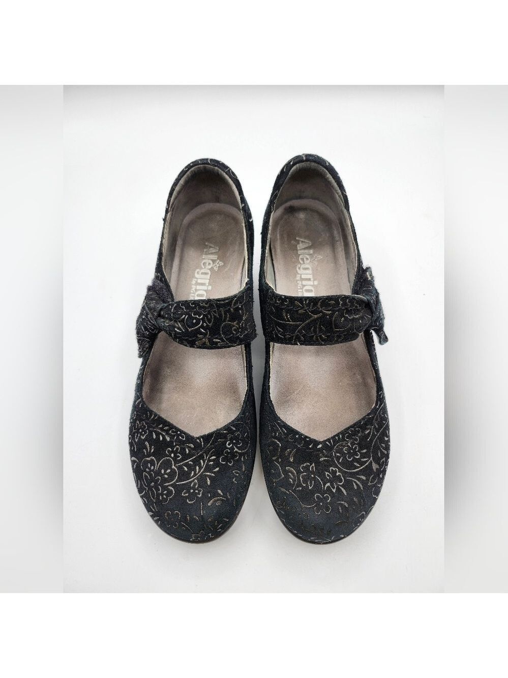 Alegria Leather Black Embossed Velvet Floral Mary Janes Sz 38/8